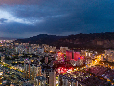 西宁城市夜幕降临夜景航拍图