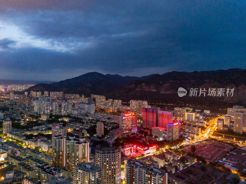 西宁城市夜幕降临夜景航拍图