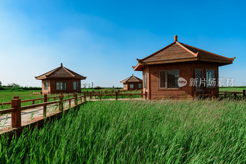 甘肃酒泉祁连苇海湿地公园木屋群