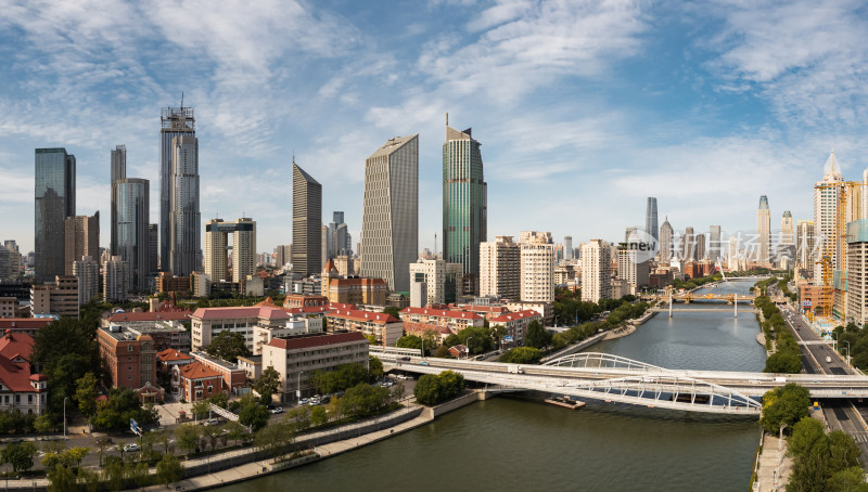 天津海河风景线小白楼商圈城市建筑风光航拍