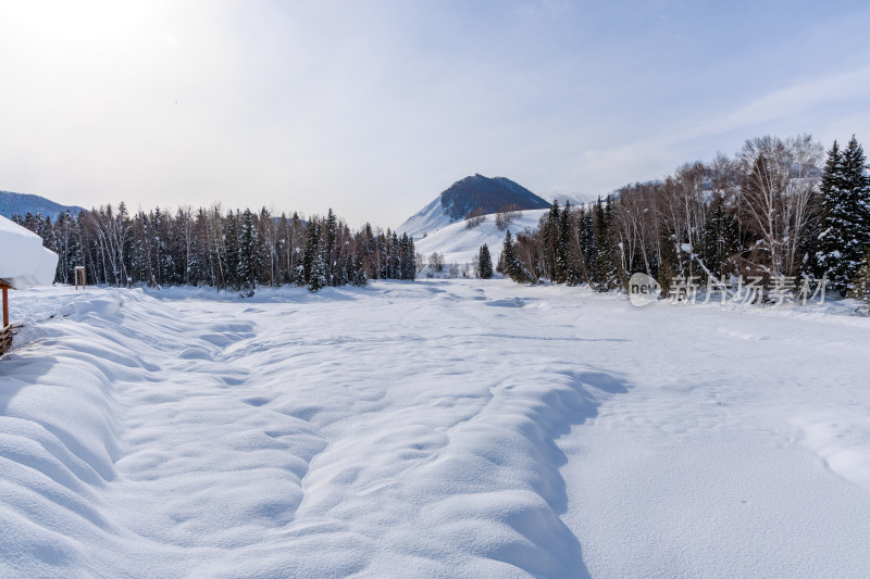 中国新疆阿勒泰禾木冬季雪景白雪覆盖禾木村