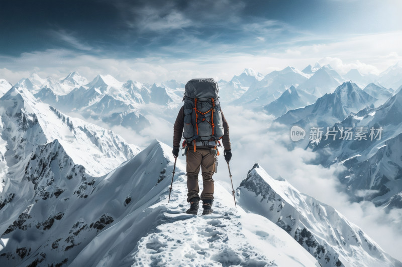 背包徒步者眺望雪山风景