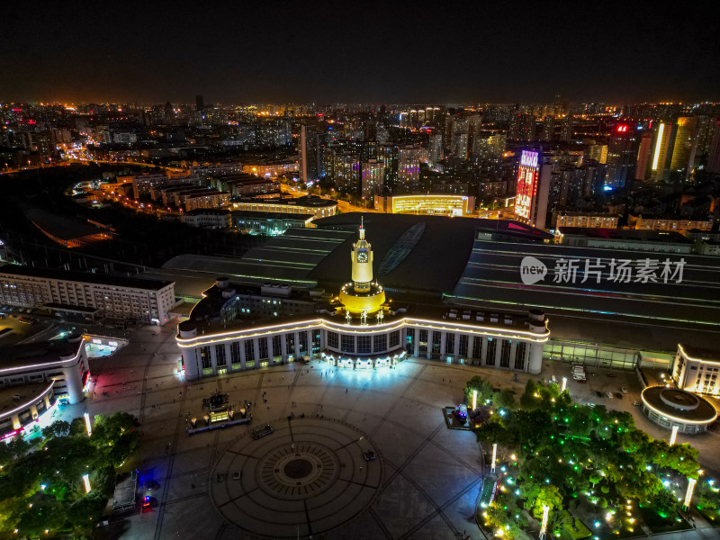 天津城市夜景灯光航拍全景图