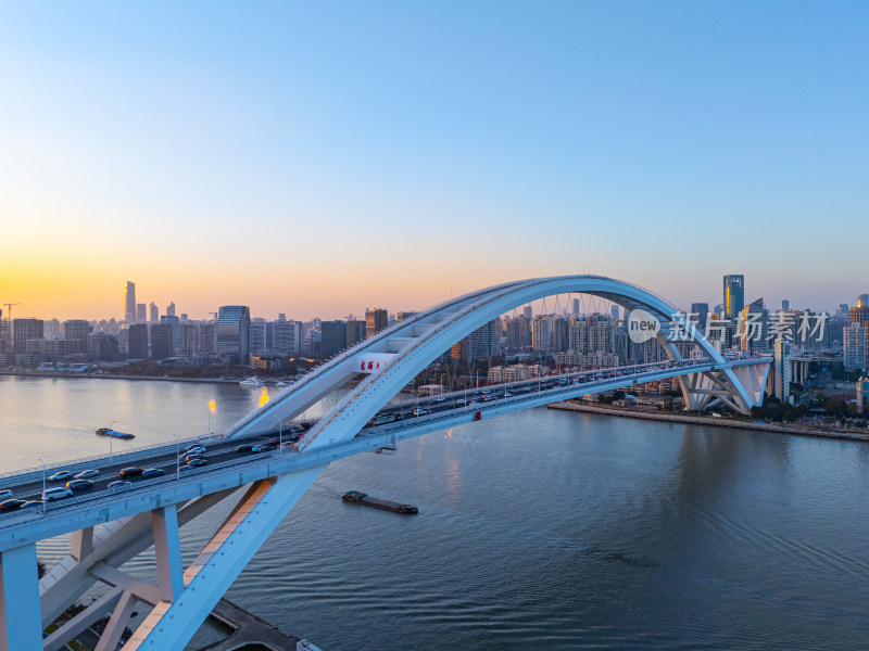 航拍上海卢浦大桥和黄浦江日落美景