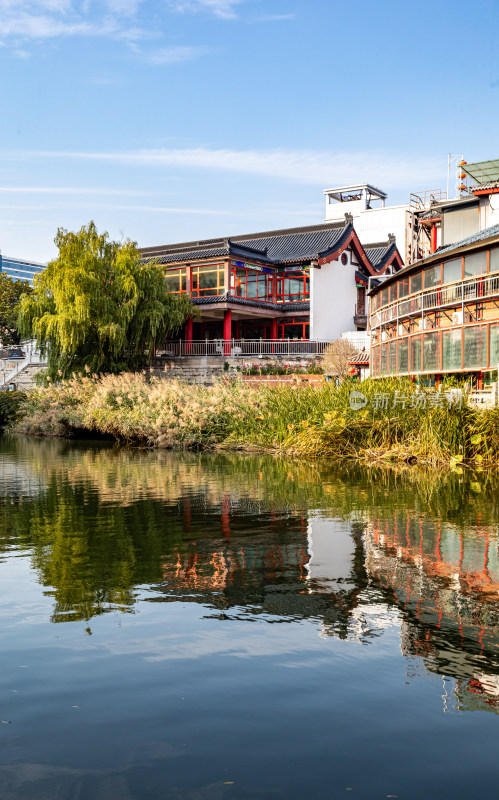 济宁老运河越河河道桥梁城市建筑倒影景观