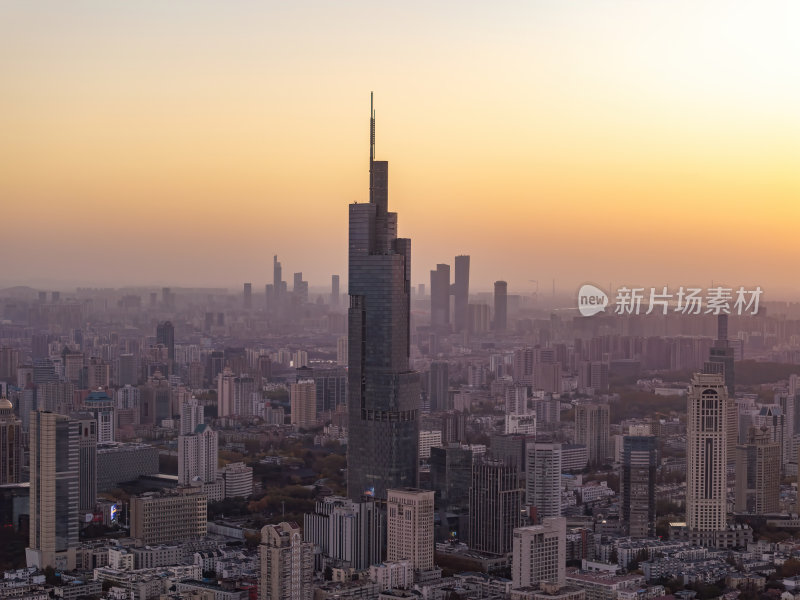 江苏南京CBD紫峰大厦建筑群日落夜景航拍