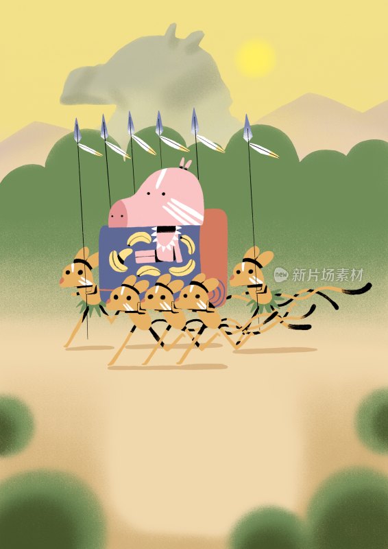 卡通动物拉车插画