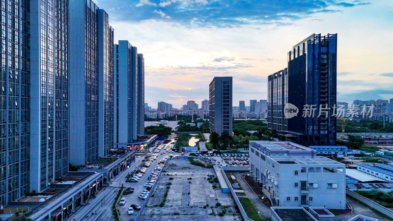 广东汕头城市晚霞城市大景航拍