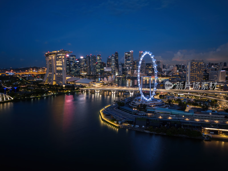 新加坡滨海湾金沙海滨奥林匹克蓝调夜景航拍