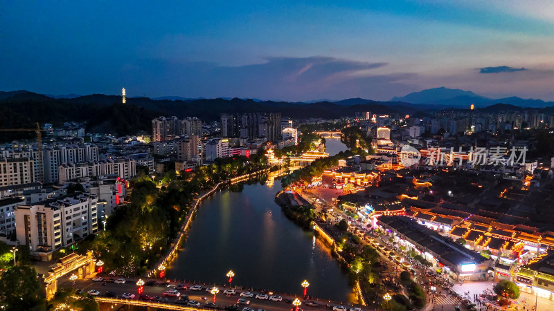 泰宁古城晚霞夜幕降临夜景航拍图