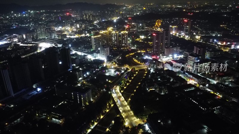 航拍广东省东莞市清溪镇夜景城市风光