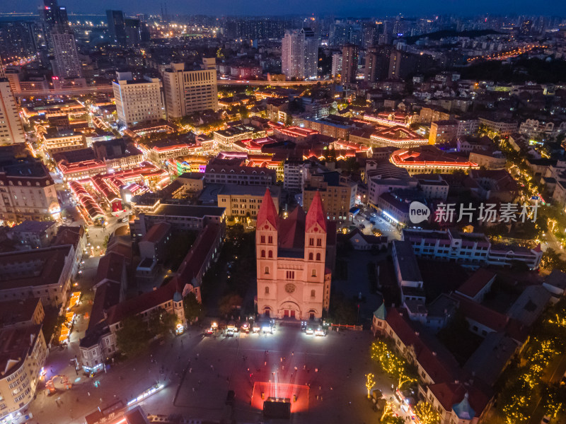 青岛大鲍岛历史文化街区城市夜景航拍全景