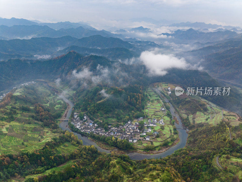 安徽徽州皖南群山云海河流仙境云端村落