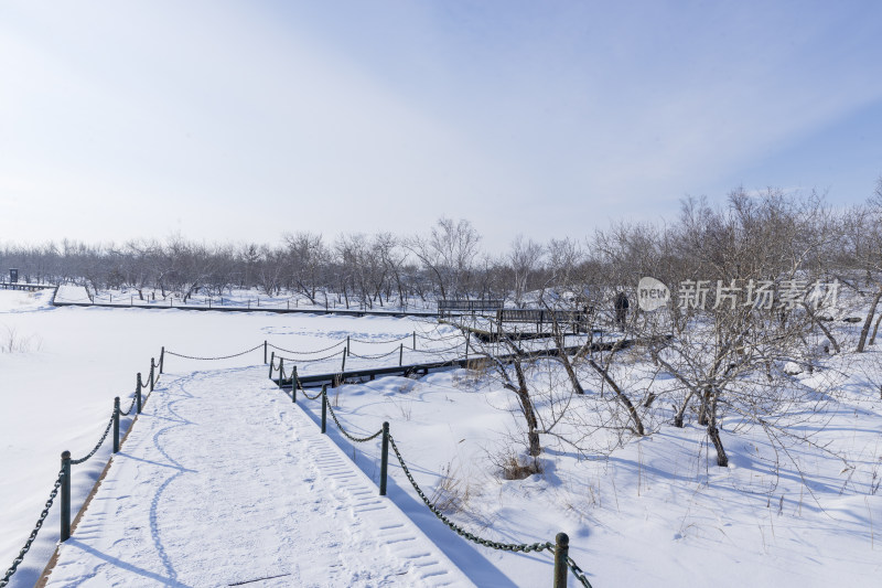 雪地中设有围栏的栈道五大连池风景区