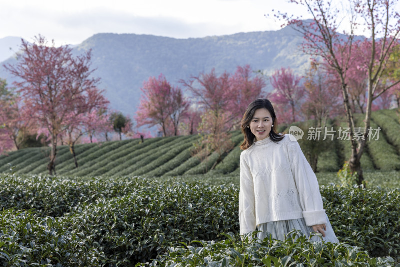 春天在樱花谷花海度假休闲的美女