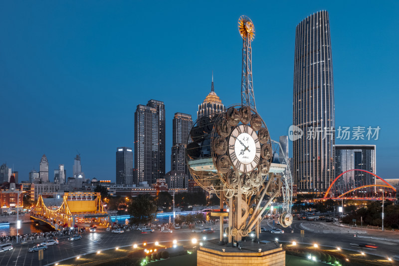 天津世纪钟广场海河城市风光夜景航拍