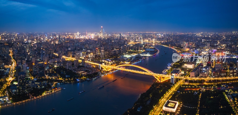 航拍上海城市夜景卢浦大桥世博园