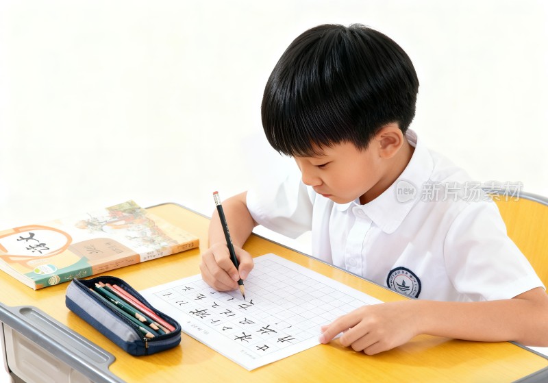 小学生桌前专注练习毛笔字