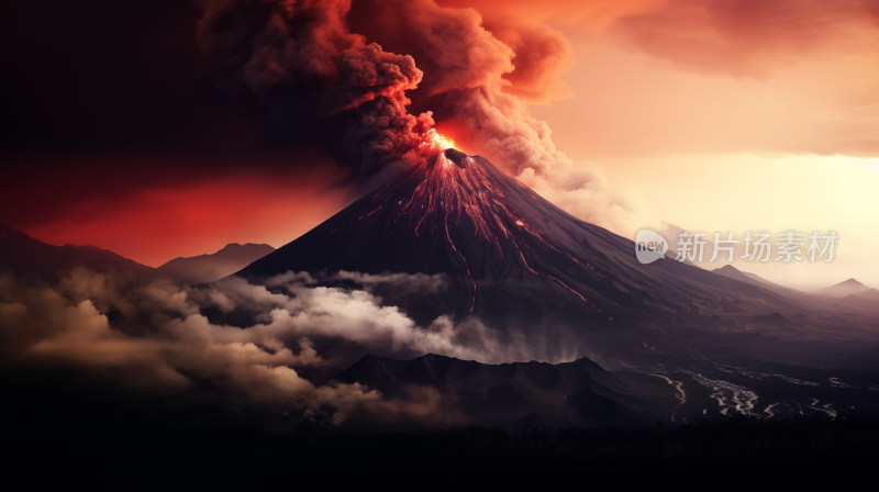 火山喷发的壮观场景浓烟和火光映红了天空