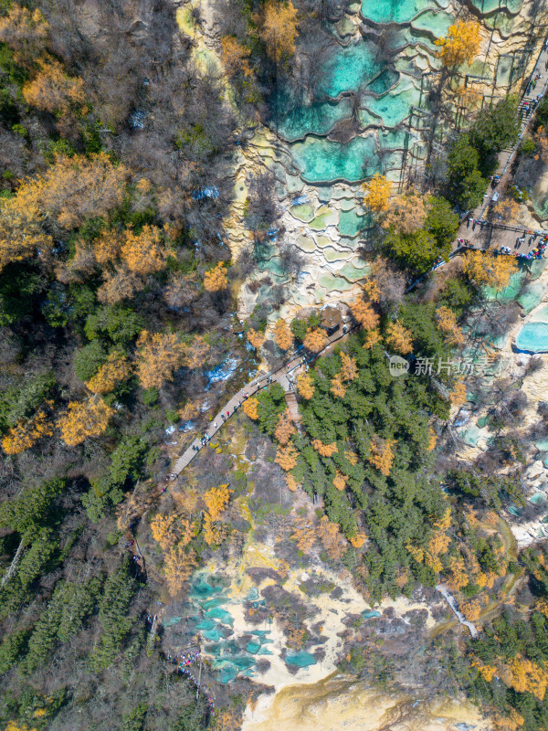 四川黄龙景区航拍五彩池争艳池钙化池