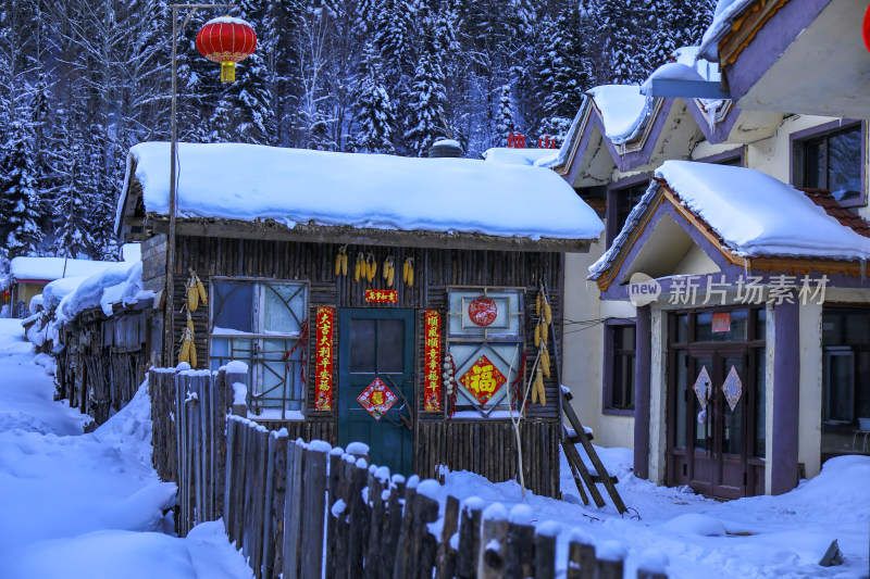 冬天大雪新年挂灯笼村庄