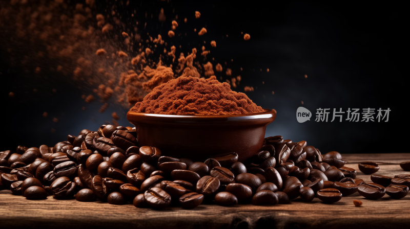 一碗咖啡粉和散落的咖啡豆在木质桌面上