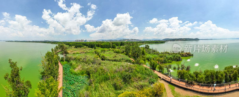 航拍昆明滇池湖畔湿地公园全景