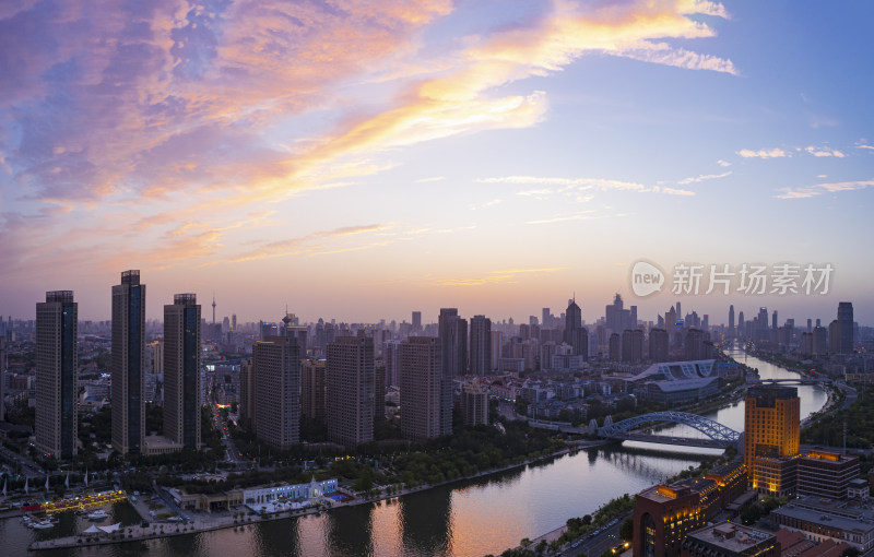 天津海河风景线国泰桥城市建筑日落夜景航拍