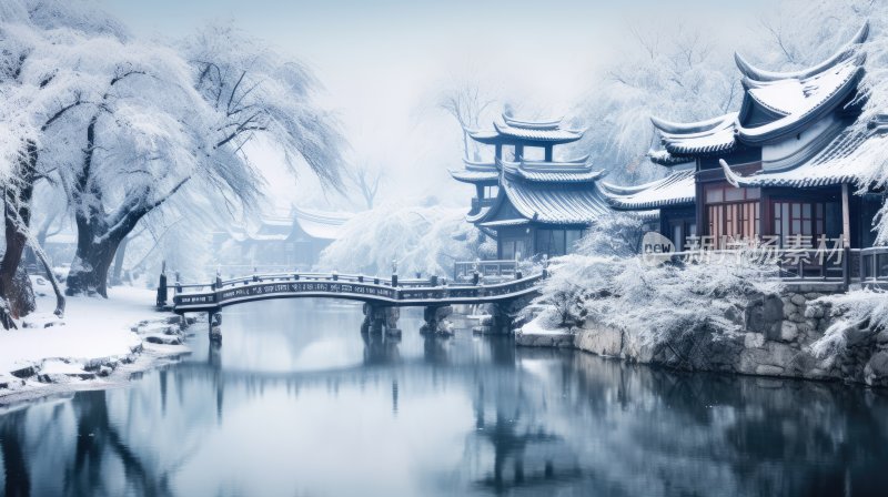 江南雪景，冬季里的江南小镇水墨画