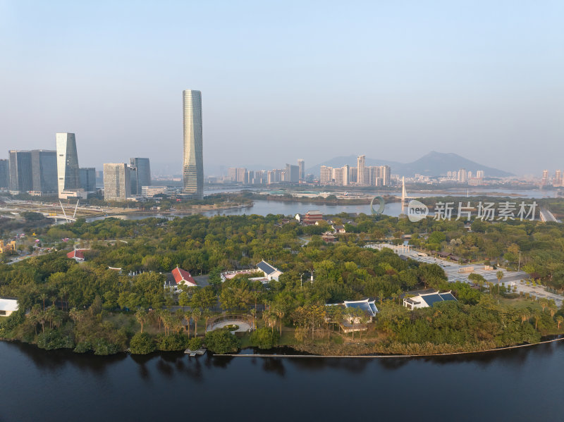 福建厦门集美水月广场杏林阁日落夜景航拍