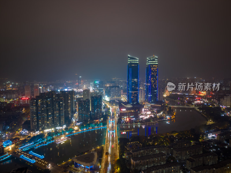 浙江湖州城市夜景航拍