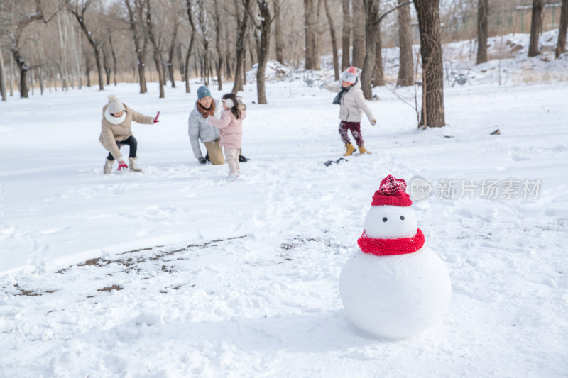 快乐的一家人在雪地里玩耍