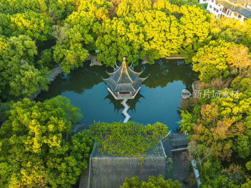 航拍秋季清晨无人的苏州园林西园寺