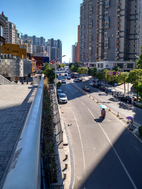 城市道路街景 车辆行人穿梭高楼间