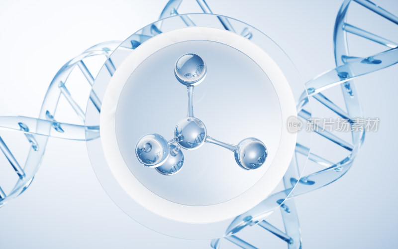 透明分子与DNA背景3D渲染