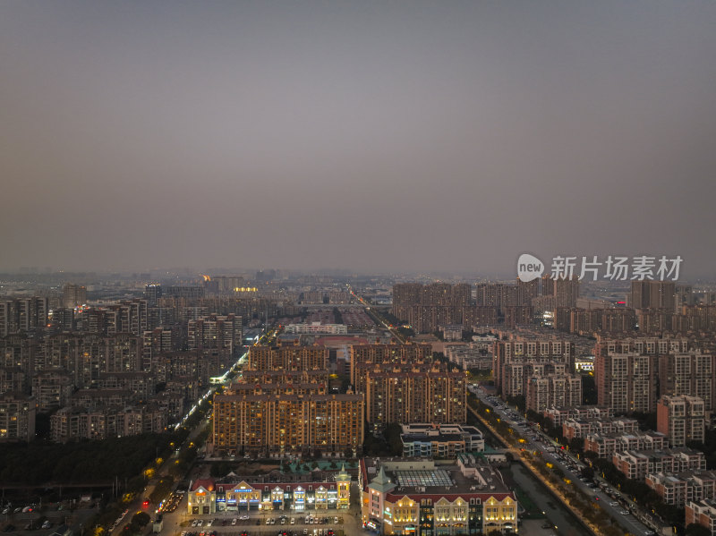 航拍昆山中心城区日落风光大景