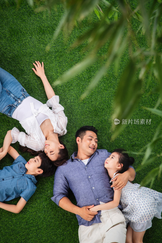 幸福的一家四口躺在草地上