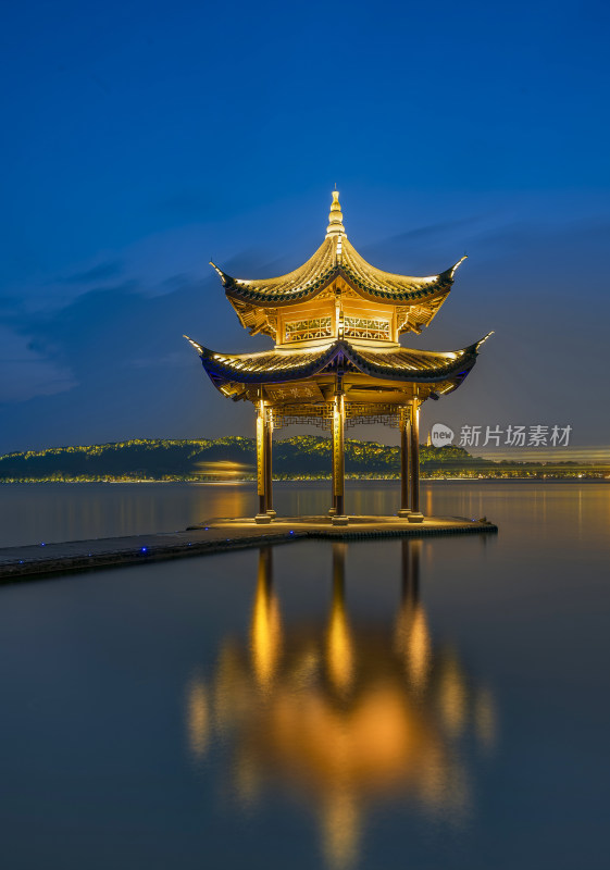 杭州西湖集贤亭晚霞日落夜景