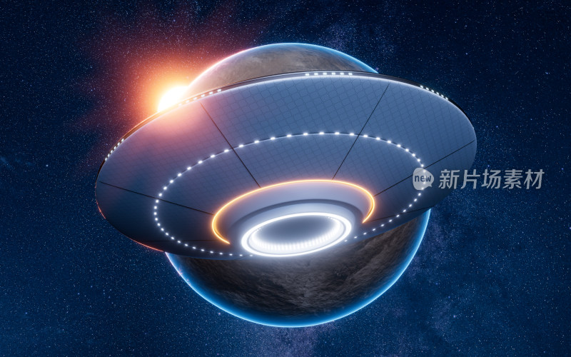 UFO与外太空星球背景3D渲染