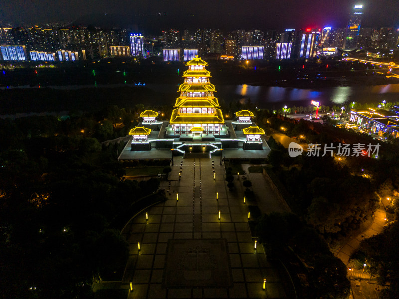 宝鸡夜景灯光中华石鼓园航拍图