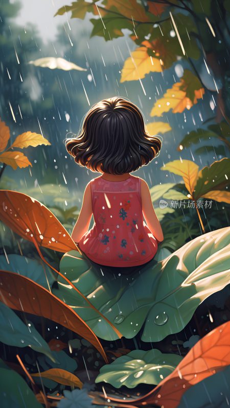下雨天坐在树上的一个孤独的小女孩背影