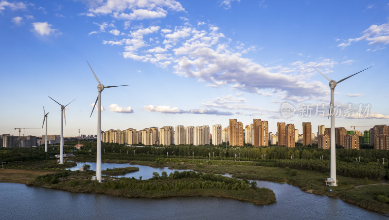 河堤河道旁风力发电机组城市风光自然风景