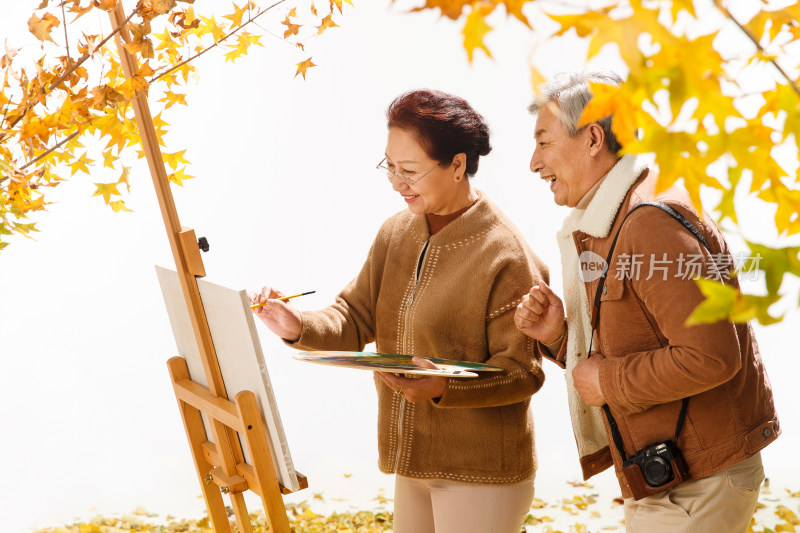 老年夫妇在庭院里画画