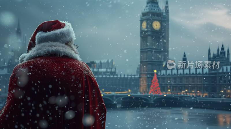 圣诞老人望着雪夜中的伦敦大本钟