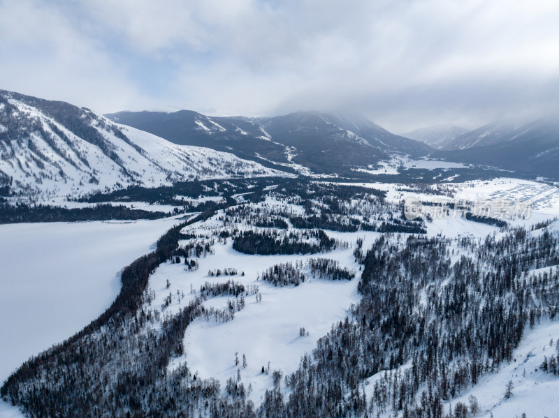 新疆喀纳斯雪景晨雾雪山森林雾凇