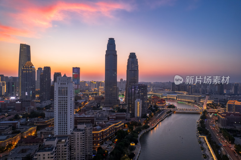 天津海河沿岸城市天际线建筑日落晚霞风光