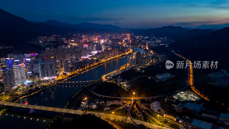 福建三明城市夜景灯光航拍图