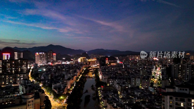 广东云浮城市夜幕降临航拍