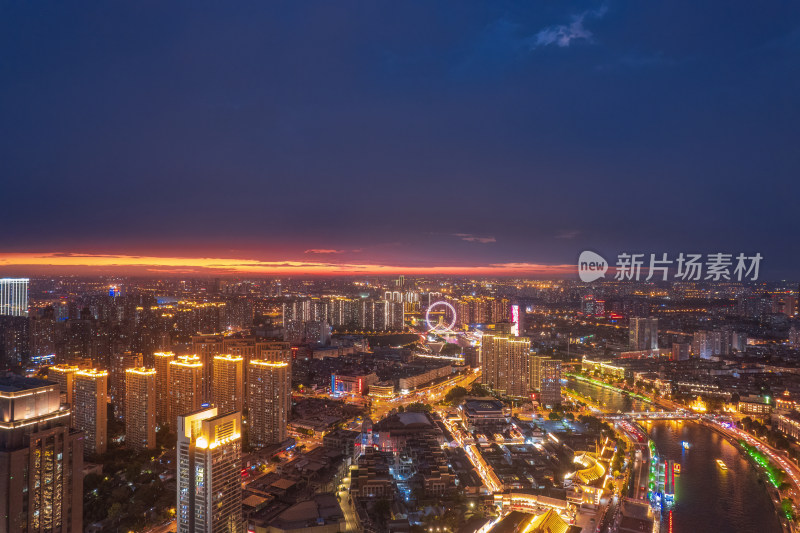 海河天津之眼旅游景区城市日落晚霞夜景航拍