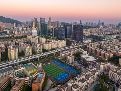 珠海市港昌路中安广场晚霞航拍